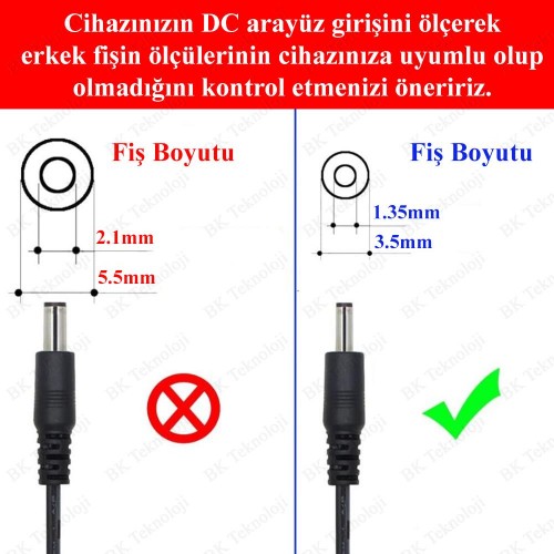 5.5mm x 2.1mm Dişi to 3.5mm x 1.35mm Erkek DC Güç Adaptör Kablosu