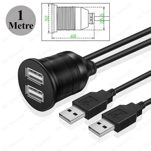 2 Bağlantılı Gömme Panel Montaj USB Uzatma Kablosu 1 Metre