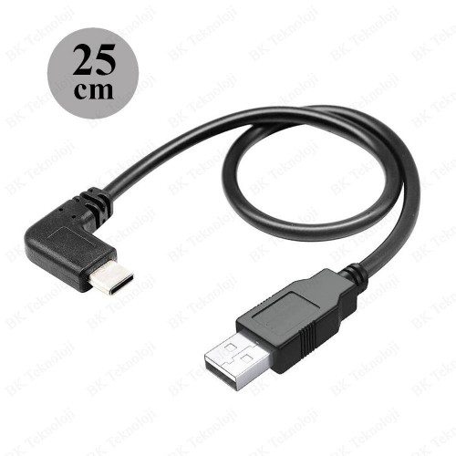 USB Erkek to 90 Derece Sağ/Sol Açılı Type-C Erkek Data Şarj Kablosu 25cm