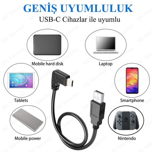 USB Erkek to 90 Derece Sağ/Sol Açılı Type-C Erkek Data Şarj Kablosu 25cm