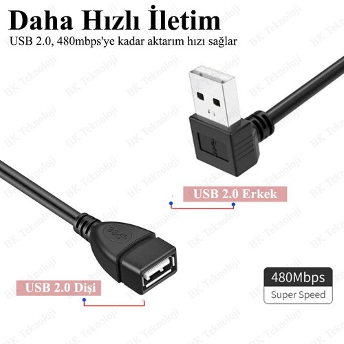 90 Derece Aşağı Açılı USB 2.0 Erkek-Dişi Uzatma Kablosu 30cm