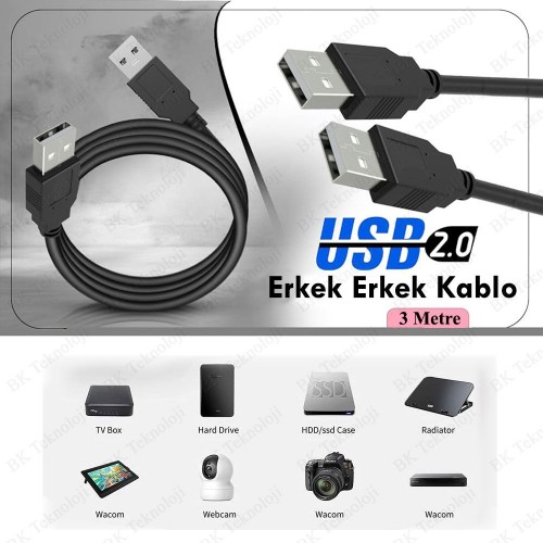 USB 2.0 Erkek-Erkek Data Şarj Kablosu - 3 Metre