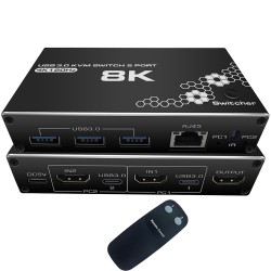 Kumandalı 2 Port 8K HDMI+USB3.0+Ethernet KVM Switch 2 Bilgisayar 1 Monitör