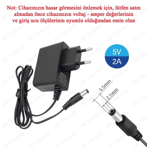 5 Volt 2 Amper 5.5mm x 2.1mm Uçlu 10 Watt 5V 2A Adaptör