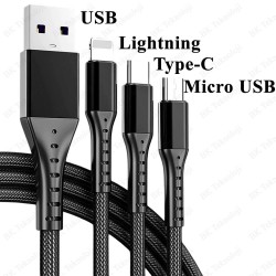 3-in-1 USB to Micro USB + Lightning + Type-C Telefon Şarj Kablosu 1.2 Metre 3-in-1 USB to Micro USB + Lightning + Type-C Telefon Şarj Kablosu 1.2 Metre