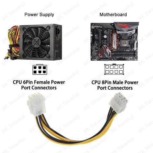 6 Pin Dişi to 8 Pin Erkek Anakart Power Çevirici Kablo