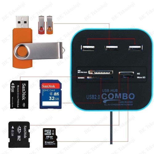 3 Port USB 2.0 Çoklayıcı HUB + Çoklu Kart Okuyucu (Mavi)