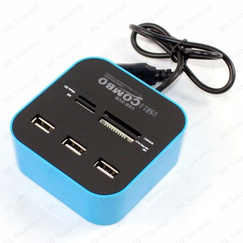 3 Port USB 2.0 Çoklayıcı HUB + Çoklu Kart Okuyucu (Mavi)