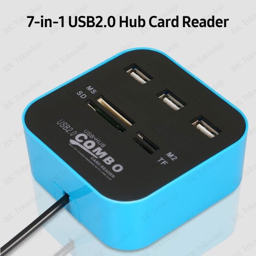 3 Port USB 2.0 Çoklayıcı HUB + Çoklu Kart Okuyucu (Mavi)