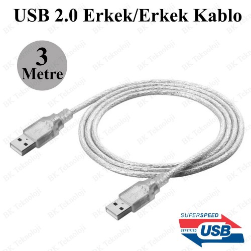 Yüksek Kalite USB 2.0 A Erkek-Erkek Şarj/Data Kablosu - 3 Metre