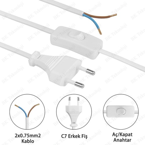 220 Volt Anahtarlı Fişli Açık Uçlu Güç Kablosu 1 Metre Beyaz 220 Volt Anahtarlı Fişli Açık Uçlu Güç Kablosu 1 Metre Beyaz