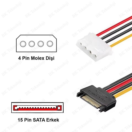 15 Pin SATA Erkek to 4 Pin Molex IDE Dişi Çevirici Kablo SATA - IDE Güç Kablosu