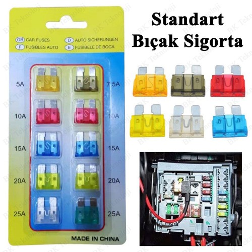 10 Adet Bıçak Oto Sigorta Seti (5A 7.5A 10A 15A 20A 25A 30A)