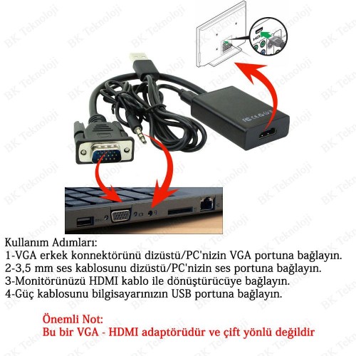 VGA to HDMI Ses Destekli Dönüştürücü Adaptör VGA to HDMI Ses Destekli Dönüştürücü Adaptör