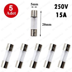 15A 250V 5X20mm Cam Sigorta 5 Adet