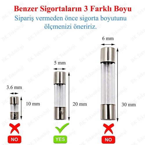 20A 250V 5X20mm Cam Sigorta 5 Adet