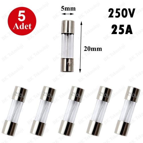 25A 250V 5X20mm Cam Sigorta 5 Adet