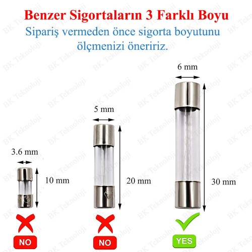 8A 250V 6X30mm Cam Sigorta 5 Adet