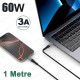 3A/60W Type-C to Type-C Örgülü Hızlı Şarj ve Data Kablosu – 1 Metre