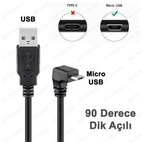 90 Derece Açılı Micro USB Erkek - USB Veri Şarj Kablosu - 30cm 90 Derece Açılı Micro USB Erkek - USB Veri Şarj Kablosu - 30cm