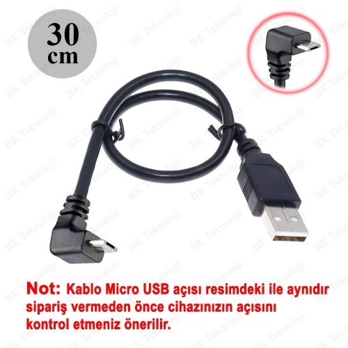 90 Derece Açılı Micro USB Erkek - USB Veri Şarj Kablosu - 30cm 90 Derece Açılı Micro USB Erkek - USB Veri Şarj Kablosu - 30cm
