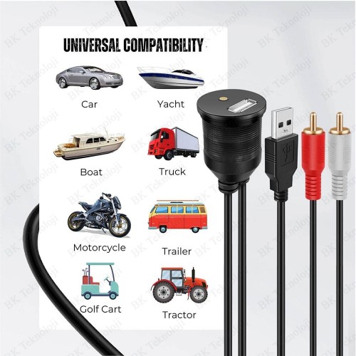 Panel Tipi USB 2.0 + 3.5mm AUX Dişi - USB + 2 RCA Erkek Uzatma Kablosu (2Metre)