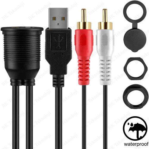 Panel Tipi USB 2.0 + 3.5mm AUX Dişi - USB + 2 RCA Erkek Uzatma Kablosu (2Metre)