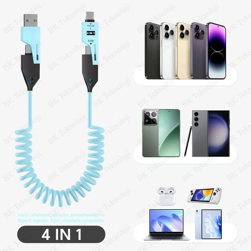 4’ü 1 Arada 65W Hızlı Şarj Destekli Spiral USB-A – Type-C Kablo