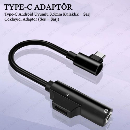 Type-C Android Uyumlu 3.5mm Kulaklık + Şarj Çoklayıcı Adaptör (Ses + Şarj)