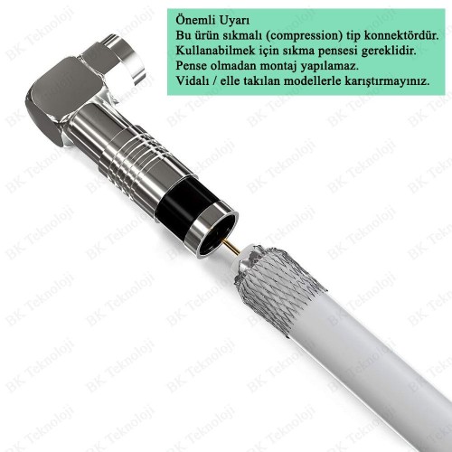 Sıkmalı RG6/U6 L Tipi F Konnektör (Pense Gerektirir) – 90° Açılı Çevirmeli F Jack