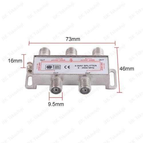 4’lü Uydu Bölücü Splitter 5-2050 MHz (Power Pass) – 1 Giriş 4 Çıkış F Konnektör