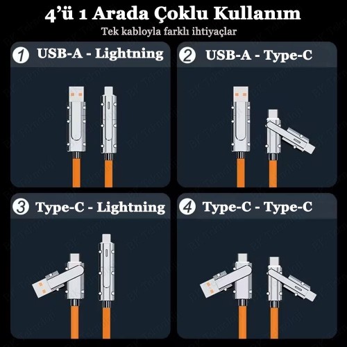 4in1 Hızlı Şarj Kablosu 120W Tüm Cihazlarla Uyumlu - 2 Metre