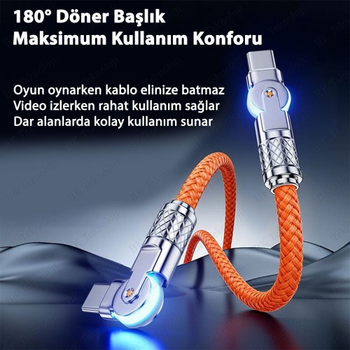 180° Döner Başlıklı Type-C to Type-C Hızlı Data/Şarj Kablosu - 2 Metre