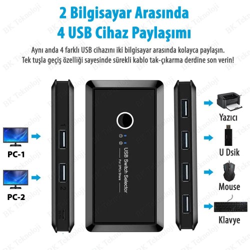 2 Bilgisayar Arasında 4 USB Cihaz Paylaşım Anahtarı (USB Kvm Switch)