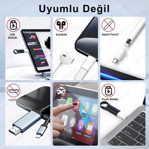Lightning Dişi → USB Type-C Erkek Adaptör – Şarj Dönüştürücü (Data/Kulaklık Desteklemez)