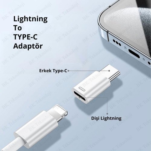 Lightning Dişi → USB Type-C Erkek Adaptör – Şarj Dönüştürücü (Data/Kulaklık Desteklemez)