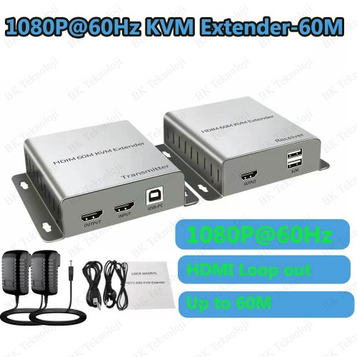 60 Metre HDMI KVM Extender – CAT5e/CAT6 Üzerinden USB HDMI Uzatma Seti