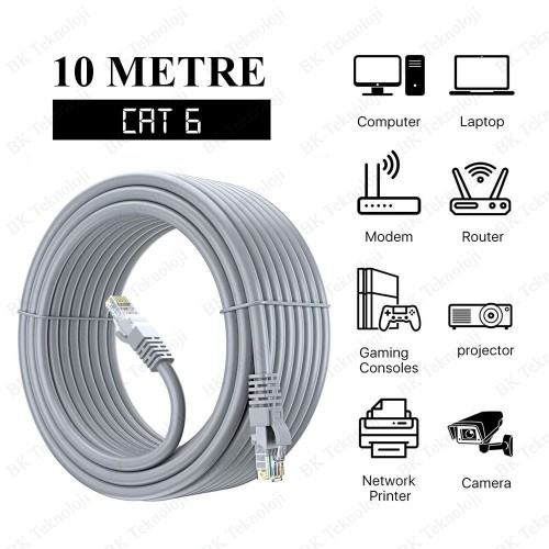 10 Metre CAT6 Ethernet LAN Ağ Kablosu RJ45 Network Patch Kablosu Gri