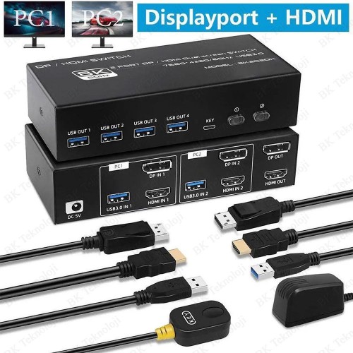 8K @60Hz Çift Ekran HDMI + DisplayPort KVM Switch - 2 PC x 2 Monitör Kontrol Merkezi