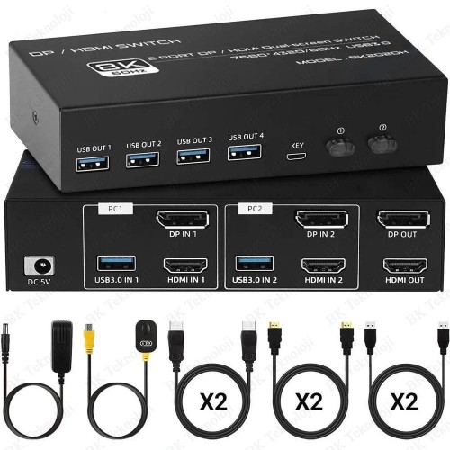 8K @60Hz Çift Ekran HDMI + DisplayPort KVM Switch - 2 PC x 2 Monitör Kontrol Merkezi