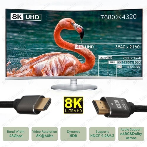 8K 60Hz HDMI 2.1 Ultra HD 48Gbps Örgülü Görüntü Kablosu - 1.5 Metre