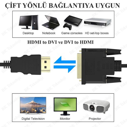 HDMI to DVI Kablo Çift Yönlü DVI-D (24+1/24+5) Destekli 1.5 Metre