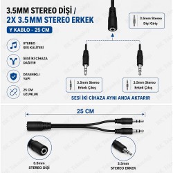 3.5mm Stereo Dişi - 2x 3.5mm Stereo Erkek Y Kablo 25cm AUX Ses Dağıtıcı