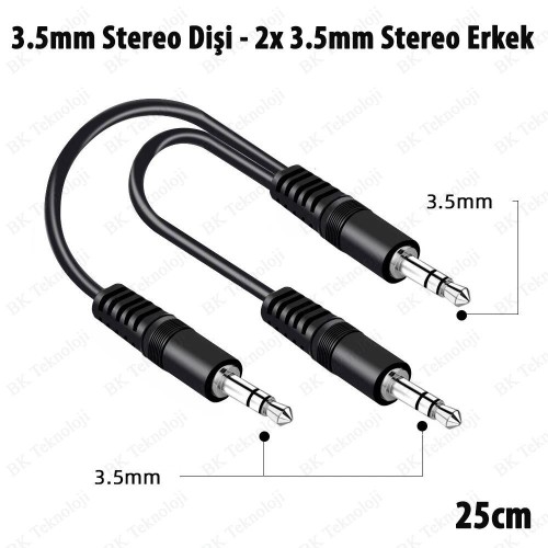 3.5mm Stereo Dişi - 2x 3.5mm Stereo Erkek Y Kablo 25cm AUX Ses Dağıtıcı
