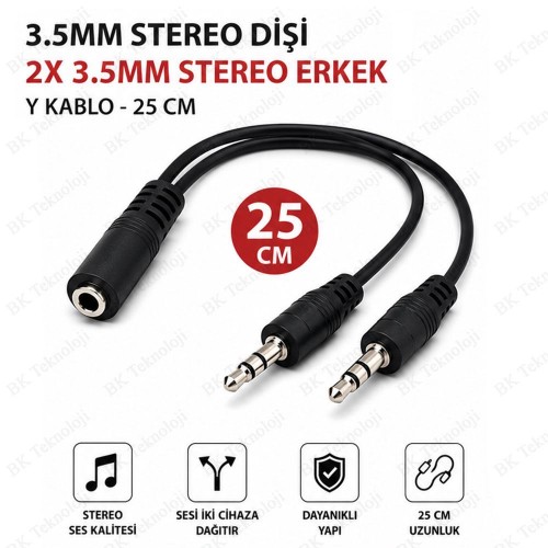 3.5mm Stereo Dişi - 2x 3.5mm Stereo Erkek Y Kablo 25cm AUX Ses Dağıtıcı