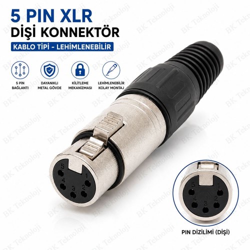 5 Pin XLR Dişi Konnektör Kablo Tipi Mikrofon ve DMX Bağlantı Soketi