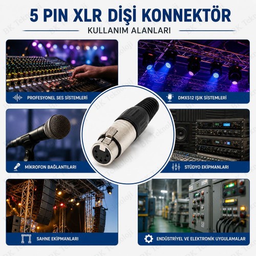 5 Pin XLR Dişi Konnektör Kablo Tipi Mikrofon ve DMX Bağlantı Soketi