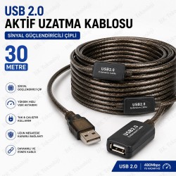 30 Metre USB 2.0 Aktif Uzatma Kablosu Sinyal Güçlendiricili Çipli USB Erkek Dişi Kablo