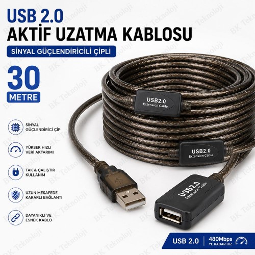 30 Metre USB 2.0 Aktif Uzatma Kablosu Sinyal Güçlendiricili Çipli USB Erkek Dişi Kablo