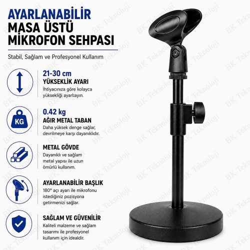 Ayarlanabilir Masa Üstü Mikrofon Sehpası 21-30cm Ağır Tabanlı Metal Mikrofon Standı